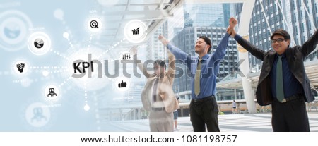 Key Performance Indicator (KPI) using Business Background with infographic versus planned target, person touching screen icon, success concept.