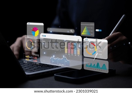 Key Performance Indicator (KPI) using Business Intelligence (BI) metrics to measure achievement versus planned target, person touching screen icon, success.