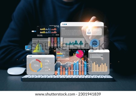Key Performance Indicator (KPI) using Business Intelligence (BI) metrics to measure achievement versus planned target, person touching screen icon, success.