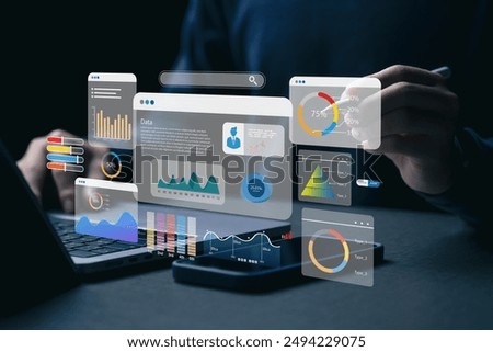 Key Performance Indicator (KPI) using Business Intelligence (BI) metrics to measure achievement versus planned target, person touching screen icon, success.