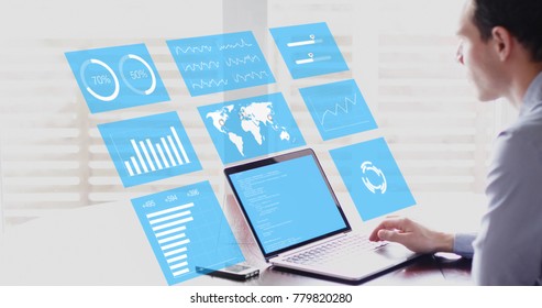 Key Performance Indicators (KPI) On Business Dashboard, Businessman Analyzing Metrics Of Financial Operations On Virtual Screen Of Computer