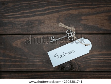 The key of sadness  concept isolate. Silver key with a label on wood table.