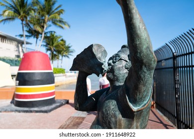 Key West, FL, USA - JUNE, 2020: Statue Of The Conch-Blowing Greeter. Albert Kee Goodwill Ambassador. Welcome To The Island