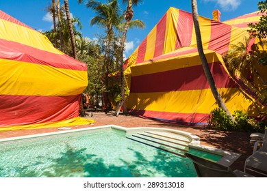 Key West, FL USA - March 9, 2015: Vintage Wooden House Covered By A Tent For Termite Treatment.