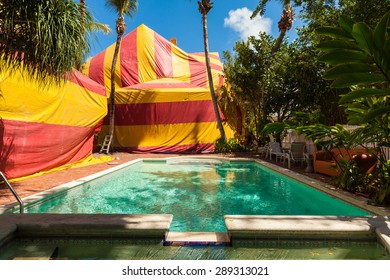 Key West, FL USA - March 9, 2015: Vintage Wooden House Covered By A Tent For Termite Treatment.