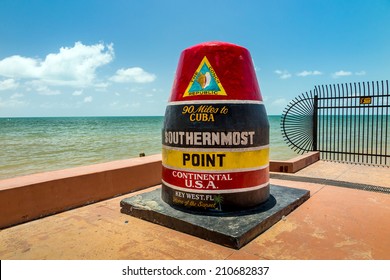 The Key West, Florida Buoy sign marking the southernmost point on the continental USA and distance to Cuba.