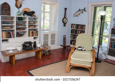 Key West, Florida: December 11, 2017: Interior Of American Novelist Ernest Hemingway's Home.  Ernest Hemingway's Home Is Known To Have About 50 Polydactyl (six-toed) Cats.