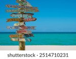 Key West Florida. Mileage signpost on Key West. Fort Zachary Taylor State Park. Florida best beaches. Beach vibes. Tropical nature. Summer, winter, spring, autumn or fall vacations. Atlantic ocean