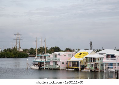 Key West, Florida, United States - November 2, 2018: Houseboat With A Smiley Face On The Roof.