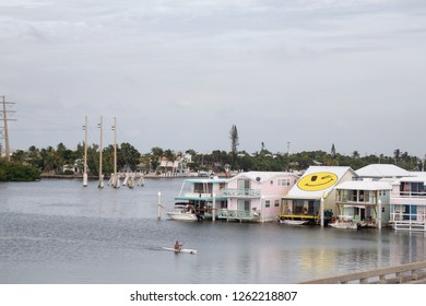 Key West, Florida, United States - November 2, 2018: Houseboat With A Smiley Face On The Roof.