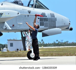 Key West Florida USA April 1 2019 A10 Warthog Thunderbolt 2 A-10 Navy Aircraft Marines Airplane Army Plane Air Force Jet Military Aircraft Maintenance Worker Jumping Man Machine Gun Landing Gear Jump