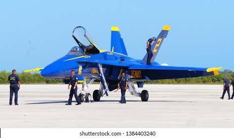 Key West Florida USA April 1 2019 Navy Airplane Aircraft Carrier Jet Blue Angel Airplanes Cockpit Runway Maintenance 