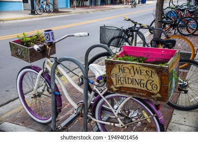 Key West, Florida, USA - January 25, 2021:  A Cool Bike With Plants In Key West, Florida, Part Of The Florida Keys.