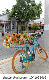 Key West, Florida, USA - July 21, 2016: Bike With Flowers In Duval St In Key West