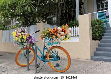 Key West, Florida, USA - July 21, 2016: Bike With Flowers In Duval St In Key West