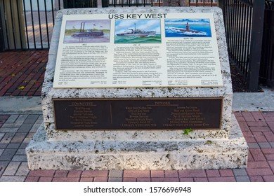 Key West, Florida / USA - September 16, 2019: A Granite Display Honoring Three Navy Ships Named After Key West. A Union Navy Steamer, A Tacoma Class Frigate And A Los Angeles Class Submarine.