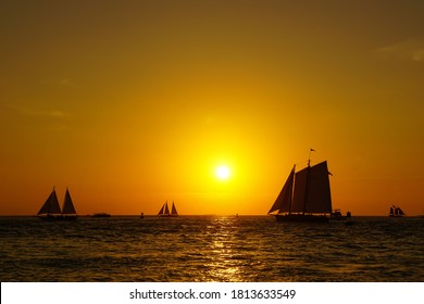 Key West Sunset With Multiple Sailboats