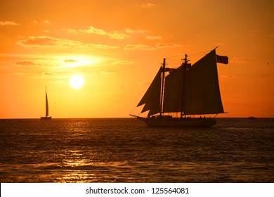 Key West Sunset And Sailing Boat, Key West, Florida, USA