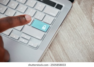 Keyboard, finger or lock closeup for data protection, privacy or fingerprint biometrics on table. Key, security and hand press padlock button for info encryption, gdpr or person login to laptop above - Powered by Shutterstock