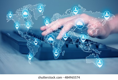 Keyboard with high tech user map icons and symbols