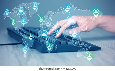Keyboard with high tech user map icons and symbols