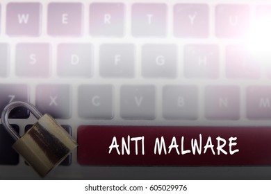 Keyboard And Key With Text Anti Malware. Internet Security Concept