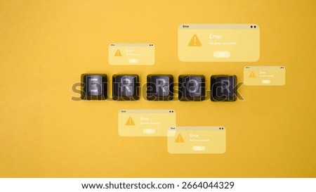 Keyboard keys spelling ERROR with multiple warning popups, representing computer system failure, software bug, and troubleshooting concept.