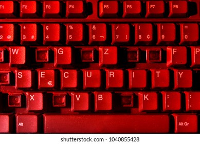 Keyboard with missing letters, the word security in center, virus, hackerattack, red warning, security hole