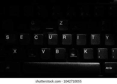 Keyboard with missing letters, the word security in center, synonym for  virus, hackerattack, security hole, cloud security, black and white