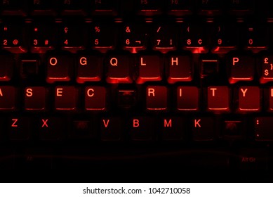 Keyboard with missing letters, the word security in center (missing one letter), synonym for  virus, hackerattack, red warning, security hole, cloud security