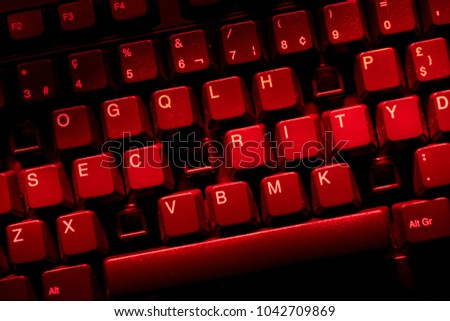 Keyboard with missing letters, the word security in center (missing one letter), synonym for  virus, hackerattack, red warning, security hole, cloud security