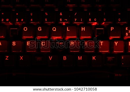Keyboard with missing letters, the word security in center (missing one letter), synonym for  virus, hackerattack, red warning, security hole, cloud security