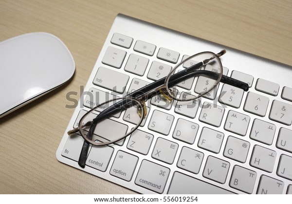 Keyboard Mouse Glass On Wood Table Backgrounds Textures