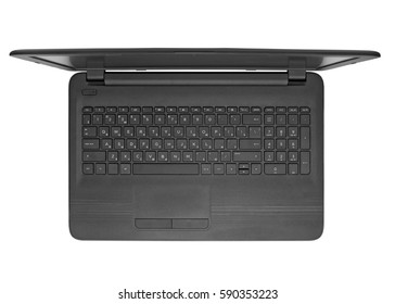 Keyboard Of The Opened Black Laptop. Top View. Laptop Isolated On White Background.