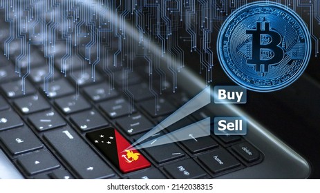 Keyboard with Papua New Guinea flag on enter button with bitcoin coin hologram and online buy and sell concept.