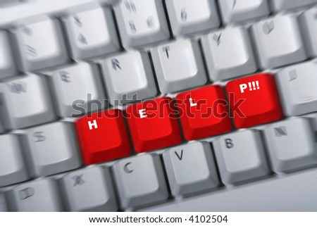 Keyboard with red keys HELP next to each other. Zoom blur to intensify the concept. White letters