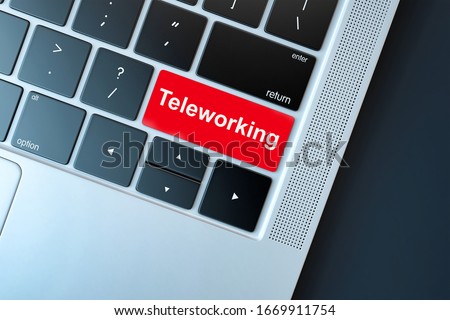 Keyboard with Red teleworking Button. Concept for any telework or telecommuting illustration, free lance workers, workers at home