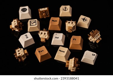 The keycap and switch sets have the same color tone. Dark background.