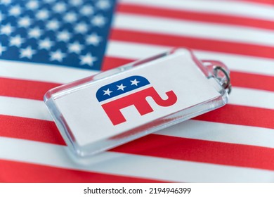 Keychain With An Image Republican Elephant And The American Flag. In The USA Politics The Elephant Is The Symbol Of The Republicans