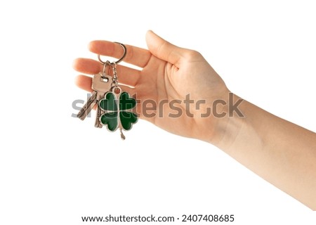Keychain with key ring isolated on white background. Concepts for real estate and moving home or renting property. Buying a property. Mock-up keychain.Copy space.