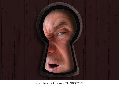 keyhole hole with Human eye, mature man 60 years old looking straight, covertly is following, drops of liquid, texture is dark, black, concept of secrecy, spying, Surveillance System, face Recognition