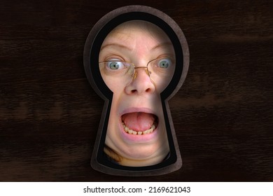 Keyhole Hole With Human Eye, Mature Woman 50 Years Old Looking Straight, Covertly Is Following, Drops Of Liquid, Texture Is Dark, Concept Of Secrecy, Spying, Surveillance System, Face Recognition