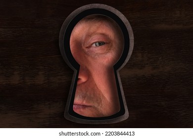 Keyhole Hole With Human Eye, Mature Man 60 Years Old Looking Straight, Covertly Is Following, Drops Of Liquid, Texture Is Dark, Black, Concept Of Secrecy, Spying, Surveillance System, Face Recognition