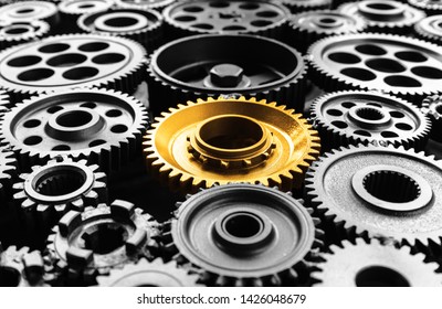 Keyman,key Success Or Leadership Concepts With Metal Gold Cog Outstanding In Another Cogs.Business Performance.teamwork Of Human.