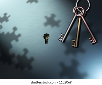 Keys Hang near a key hole, puzzle piece shadows are cast upon the wall, behind the keyhole some money can be seen