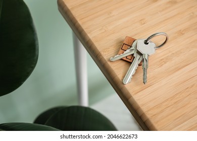 Keys on shelf in room, closeup