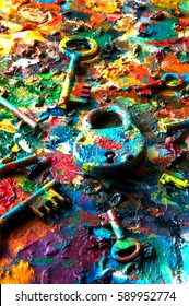 Keys and padlock on colorful abstract background