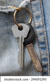 The keys in the pocket of old jeans close up