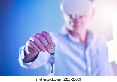 Keys, Virtual Reality And Metaverse With A Hand Of A Man Holding A Key To Access A Digital Simulation. VR, Cyber Security And Real State With A Male User Opening Data, Software Or Information Online