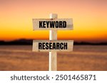 Keyword research message written on wooden sign with blurry lake background. Conceptual keyword research symbol. Copy space.